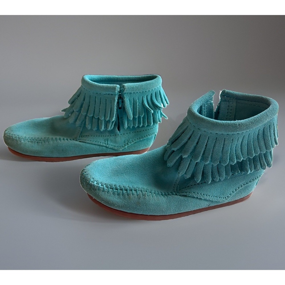 Minnetonka Toddler Kids Double Fringe Side Zip Suede Boots Turquoise EUC Size 12